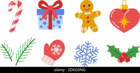 Set mit Elementen für Weihnachten und Winterferien. Zuckerrohr, Geschenk und Lebkuchen, Herz- und Tannenzweige, Fäustling, Schneeflocke und stechpalme. Flacher STYLE. Für festliches Design, Grußkarten, saisonale Grafiken Stock Vektor