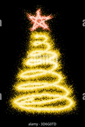Ein pixeliger, glühender Weihnachtsbaum mit Stern. Stock Vektor