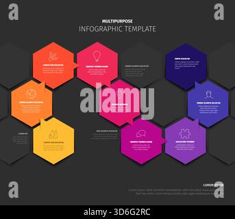 Eine lebendige, vielseitige Infografik-Vorlage mit farbenfrohen Sechseckformen auf dunklem Hintergrund. Dieses vielseitige Infografik-Design ist perfekt für Stock Vektor