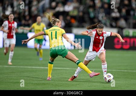 Stockholm, Schweden. November 2025. STOCKHOLM, SCHWEDEN 20251120Hammarbys Ellen Wangerheim gegen Ajax's Danique Noordman im Qualifikationsspiel 2 von 2 zwischen Hammarby IF und AFC Ajax in 3Arena. Foto: Pontus Lundahl/TT/Code 10050 dieser Text ist automatisch übersetzt Credit: TT News Agency/Alamy Live News Stockfoto