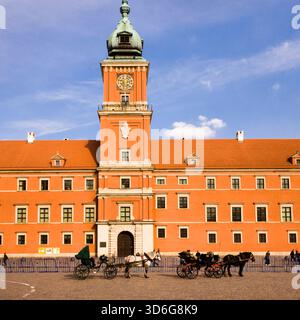 Pferdekutschen auf dem Königsschloss in Warschau, Polen. Es befindet sich auf dem Schlossplatz, am Eingang zur Altstadt. Stockfoto