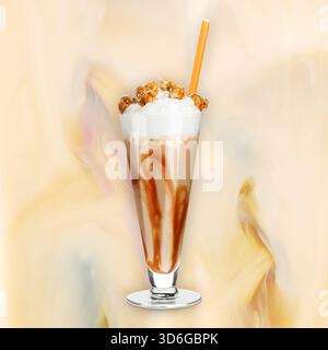 Leckeres Kaffeegetränk mit süßem Popcorn und Karamellsirup, Poster Stockfoto