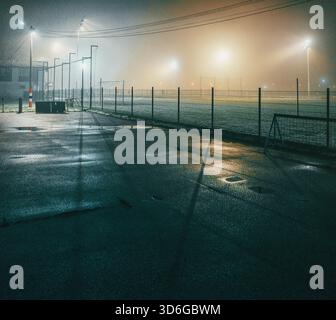 Nachtszene mit Fußballfeldern mit Spielern im Herbst, nebelige Atmosphäre. Stockfoto