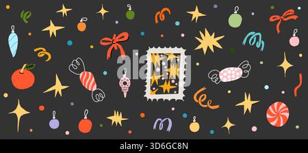 Horizontaler Satz weihnachtlicher Elemente mit Sternen, Konfetti-Bändern, Schleifen, Süßigkeiten, Kugeln und Ball, und Briefmarke. Vektorabbildung für Stock Vektor