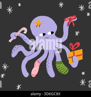 Vektor lächelnder festlicher Krake mit einem Stern auf dem Kopf, trägt Weihnachtssocken, hält Zuckerrohr, rotes Schleifenband und ein gewickeltes Geschenk. Saisongrüße il Stock Vektor