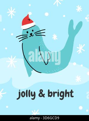 Vektor lächelnde skurrile Polarsiegel in Santa Claus Kappe Jolly und helle Karte Illustration. Fröhlicher saisonaler handgezeichneter Hintergrund Stock Vektor
