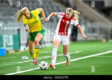 Stockholm, Schweden. November 2025. STOCKHOLM, SCHWEDEN 20251120Hammarbys Smilla Holmberg gegen Ajax's Ranneke Derks während des Qualifikationsspiels der UEFA Women's Europa Cup zwischen Hammarby IF und AFC Ajax in der Stockholm Arena (3Arena) am 20. November 2025 in Stockholm, Schweden. Foto: Pontus Lundahl/TT/Code 10050 dieser Text ist automatisch übersetzt Credit: TT News Agency/Alamy Live News Stockfoto