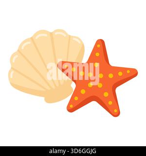 Flache Muscheln und Seesterne-Clipart perfekt für Sommerstrand, Meer oder Reisegrafiken Stock Vektor