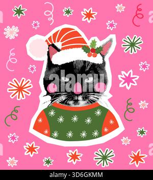 Lustige Vektor-schwarze Katze Halbtoncollage mit Santa Hut und hässlichem Weihnachtspullover auf heißem rosa Hintergrund mit Sternen und Schneeflocken für Feiertagsdesigns, Stock Vektor
