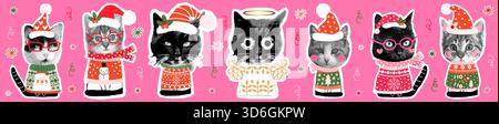Niedliche und lustige Vektor Collage Katzen, halbstonige digitale Kätzchen Designs mit hässlichen Weihnachtspullover und Weihnachtsmannmützen für Karten, Banner Stock Vektor
