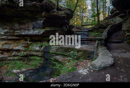 Blick auf moosige Klippen und Steintreppen erheben sich in einem abgeschiedenen natürlichen Amphitheater, das zu einer entfernten Brücke unter dem üppigen Walddach führt, Logan, Ohio, UN Stockfoto