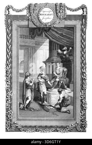 Illustration von Flavius Josephus brachte dem römischen Kaiser Vespasian vor, der ihm befahl, in die Freiheit zurückzukehren, seine Ketten zu brechen und danach Stockfoto