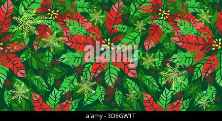 Nahtloser Weihnachtshintergrund mit Blume und Weihnachtsstern. Handgezeichnet. Nicht AI, Vektordarstellung. Stock Vektor