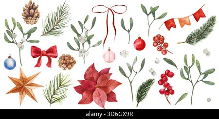 Handgezeichnete Weihnachts-Set-Illustration mit Aquarellelementen. Mistel Tannenzapfen, Zweige, Beeren, Bänder, Weihnachtsstern für Karten Dekorverpackungen Stockfoto