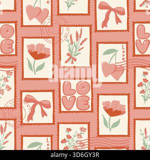 Romantische Briefmarken Nahtlose Vektormuster Valentinstag Digital Papier Scrapbooking. Vektorabbildung Stock Vektor