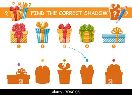 Weihnachtsgeschenk Geschenkbox finde die richtige Schattenform. Kinderpädagogik Puzzlespiel. Pappe Überraschungspaket Suche Silhouette. Arbeitsblatt für Kinder lernen Stock Vektor