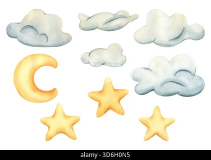 Aquarellset von Mondsternen Wolken. Kinder handgezeichnete Illustration mit niedlichen Wolken, Mond und Sternen. Aquarellhimmel im kindlichen Stil. Cartoon Stockfoto