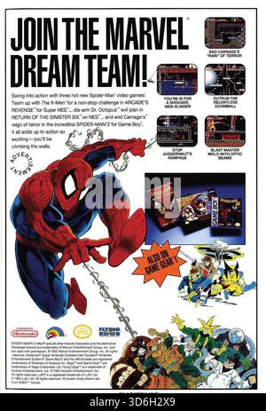1992 Werbung für Marvel Videospiele mit Spider-man und den X-Men für Nintendo Systeme, „Join the Marvel Dream Team“ Stockfoto