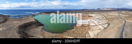Salzbergwerk, Salinas de Janubio mit grüner Laguna de Janubio, in der Nähe von Yaiza, aus der Vogelperspektive, Lanzarote, Kanarische Inseln, Spanien Stockfoto