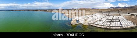 Salzbergwerk, Salinas de Janubio mit grüner Laguna de Janubio, in der Nähe von Yaiza, aus der Vogelperspektive, Lanzarote, Kanarische Inseln, Spanien Stockfoto
