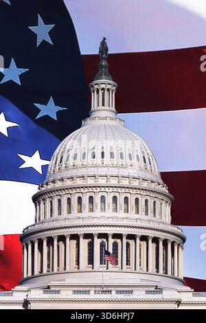 Nahaufnahme der Kuppel des US-Kapitols mit US-Flagge Stockfoto