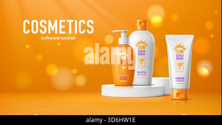 3D-Podiumsbühne mit Sonnenschutzcreme-Kosmetik auf Sockel, Vektorproduktanzeige. Sonnenschutzlotion mit LSF und Kosmetikbehältern mit UV-Sonnencreme auf orangefarbenem Podium mit Bokeh im Sommer Stock Vektor