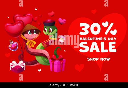Happy Valentinstag-Banner. Vektor festliche Rabattkarte mit ineinander verflochtenen Zeichentrickschlangen Paar in traditioneller chinesischer Kleidung umgeben von Herzballons, Geschenkboxen und romantischen Symbolen Stock Vektor