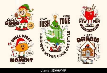 Groovige Weihnachtsfiguren mit Retro-Aufklebern und T-Shirt-Prints. Vektor-Cartoon lustige Elfe, Weihnachtsbaum, Lebkuchenhaus, Orange und Heißgetränk mit Zuckerrohr. Festliche Vektor-Patches mit positiven Zitaten Stock Vektor