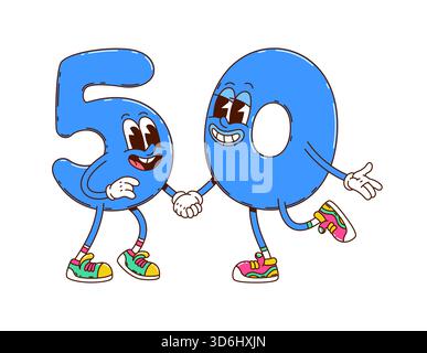 Cartoon groovige Mathe Nummer 5 und 0 Zeichen, Schulpädagogen Persönlichkeiten. Fröhliche blaue Ziffern fünf und Null bilden fünfzig Figuren, die Hände halten und zusammen in Vintage-Hippie-Sneakers laufen Stock Vektor