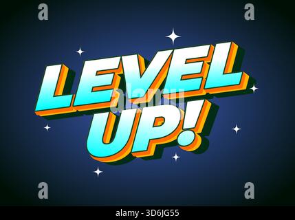 Ein lebendiges Grafikdesign mit dem Satz LEVEL UP! In kräftiger, farbenfroher Typografie mit einem sternenklaren Hintergrund. Stock Vektor