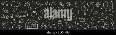 Die Kinder zeigen handgezeichnete süße Schule auf der Tafel. Buntstift streichen Schulkritzelblume, Sonne, Regenbogen Kinderelemente. Kinderstil süßer Babystern, Baum, Herzformen. Vektorabbildung Stock Vektor