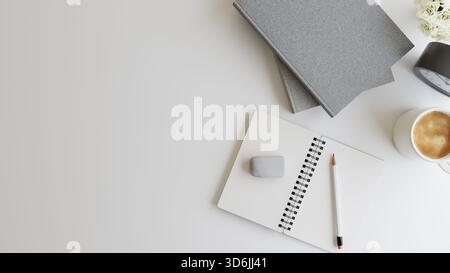 Minimalistischer weißer Schreibtisch mit Kopierbereich mit Büchern, Notebook, Kaffee und Wecker von oben. 3D-Rendering Stockfoto
