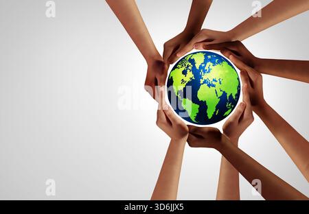 Global Collaboration Concept: Menschen aus der ganzen Welt, die ihre Kräfte mit einem gemeinsamen Geist der Einheit und Zusammenarbeit für den Welttag oder die Umwelt verbinden Stockfoto