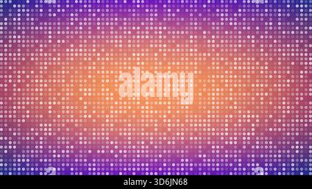 Farbenfroher abstrakter Hintergrund mit kleinen hellen sechseckigen Punkten, die tiefe lila Kanten zu einem hellen orangefarbenen Zentrum verschmelzen, leuchtende digitale Textur für DE Stock Vektor