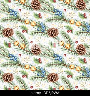 Tannenzweige in Aquarellfarben mit nahtlosem Muster von Kegeln und Beeren für weihnachtliches Design. Handgezeichnete Illustrationen aus Fichtenzweigen für die Dekoration im Winterurlaub. Stockfoto