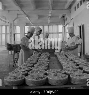 Slawjansk, Ukraine, UdSSR - November 1978: Archivfoto der Süßwarenabteilung in der neu eröffneten Brotfabrik im Mikrobezirk Artem. Eine Brigade von Bäckerinnen in weißen Uniformen und hohen Hüten schmückt eine große Menge runder Kuchen mit Sahne. Die Frauen stehen an einem langen Tisch und veredeln die Desserts mit Paspelsäcken. Dieses Schwarzweiß-Bild zeigt die handwerkliche Handwerkskunst und die Fülle an süßen Produkten in der Region Donezk während der friedlichen Sowjetzeit. Stockfoto