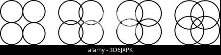 Vier sich schneidende Kreise festgelegt. Kreis-Venn-Diagramm mit vier Teilen. Symbol für Infografik-Diagrammlinie. Diagramm mit 4 überlappenden Ausgleichselementen. Vektor Stock Vektor