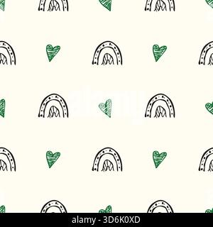 Nahtloses Muster mit niedlichen Kritzelherzen und Regenbogen Stock Vektor