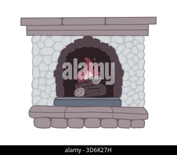 Farbenfrohe Kaminfigur mit brennenden Flammen und Holzstämmen, handgezeichnet in warmen Tönen. Gemütliche und fröhliche Illustration im einfachen Zeichentrickstil, per Stock Vektor