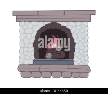 Kritzelnde Kaminfigur mit brennenden Flammen und Holzstämmen, handgezeichnet in warmen Tönen. Gemütliche und fröhliche Illustration im einfachen Cartoon-Stil, perfekt Stock Vektor
