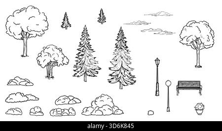 Bäume und Tannen, eine Bank und Laternen, eine Reihe von Silhouetten, Skizze. Rasenbüsche im Park, isoliert auf weißem Hintergrund. Für Postkarten, Invitatio Stock Vektor