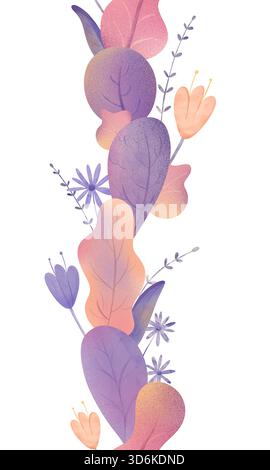 Nahtloses Blumenmuster in Aquarellfarben mit violetten, rosa und pfirsichfarbenen Blättern, Lavendelblüten und Tulpen. Sanftes botanisches Design für Kindergartenstoff, Baby g Stockfoto