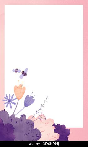 Niedlicher Aquarellrahmen mit floralem Rand mit lila Blumen, oranger Tulpe, Lavendel und fliegenden Bienen auf rosa Hintergrund. Perfekt für eine Einladung zur Babyparty Stockfoto