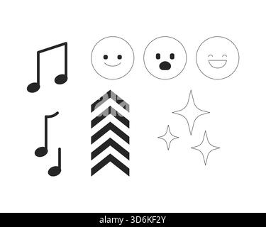 Musiknotizen, Emojis und Chevron funkeln in 2D-Linienobjekten Stock Vektor