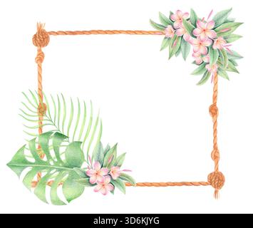 Tropische Plumeria Blumen Seil Rahmen Illustration isoliert auf weiß. Frangipani, Monstera und Palmblätter Blumenrand für Einladungen und Plakate. Stockfoto