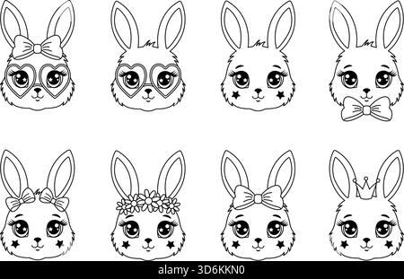 Schwarz-weiße Umrissset aus niedlichen Häschenköpfen, Zeichentrickkaninchen mit Herzbrille, Bögen, Blumenkranz und Krone zum Färben. Stock Vektor
