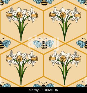 Nahtloses Vektormuster mit stilisierten Narzissen und Bienen in einem hexagonalen Gitter, das in einem charmanten, illustrativen Stil mit dargestellt wird Stock Vektor