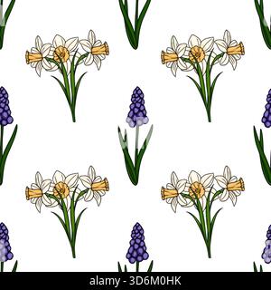 Nahtloses Vektormuster mit zarten weißen Narzissen und leuchtenden lila Traubenhyazinthen, die in einem sich wiederholenden Blumenmotiv mit grünen Stielen angeordnet sind Stock Vektor