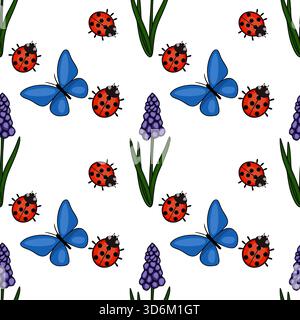 Nahtloses Vektormuster mit bezaubernden Marienkäfern, leuchtend blauen Schmetterlingen und zarten lila Hyazinthen-Blüten mit grünen Graselementen auf einem Klo Stock Vektor