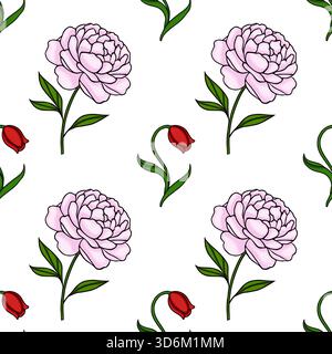 Ein bezauberndes Vektormuster mit zarten rosa Pfingstrosen und leuchtenden roten Tulpen, vor einem sauberen weißen Hintergrund. Stock Vektor